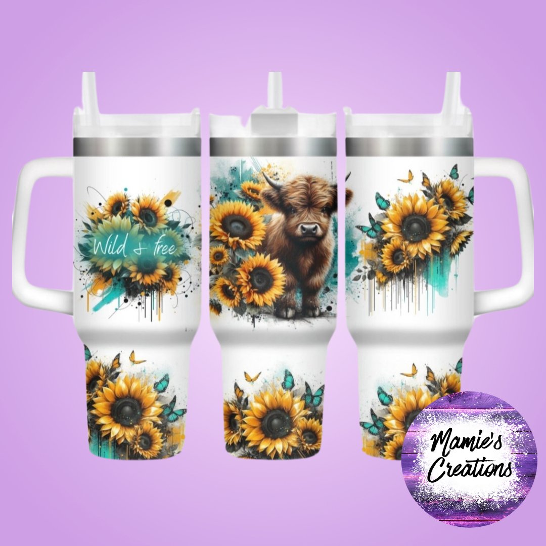 Turquois Highland Cow Sunflower 40oz Tumbler - Mamie's Creations