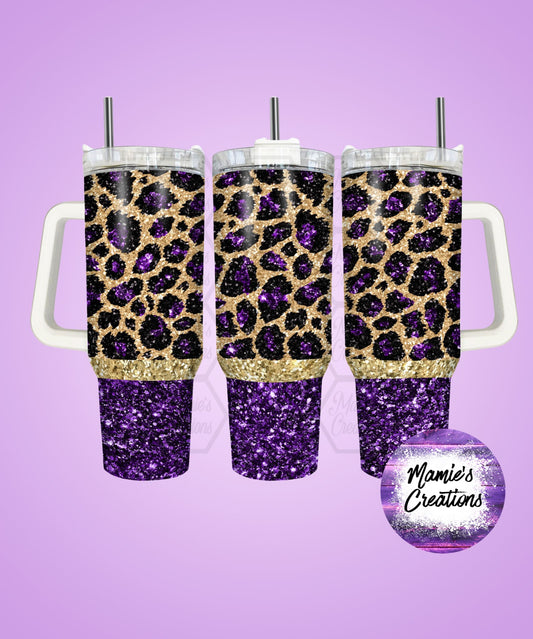 40 oz Purple Sparkly Cheetah Tumbler Stanley Dupe - Mamie's Creations