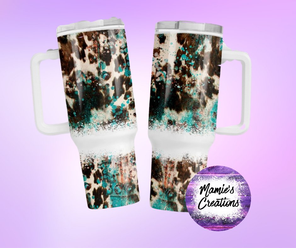 Turquoise Cowhide Tumbler Stanley Dupe - Mamie's Creations