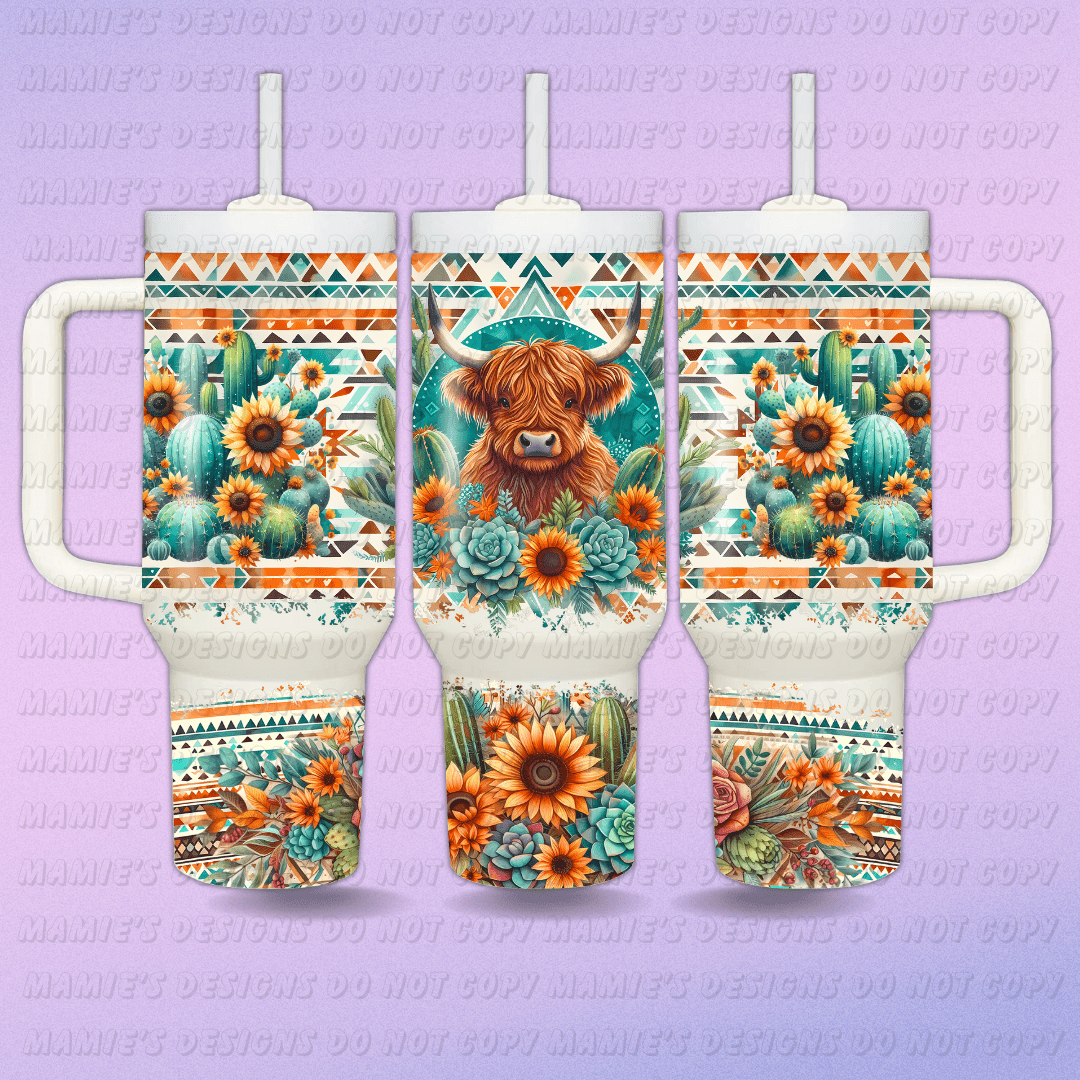 Aztec Highland cow sunflower 40oz Tumbler - Mamie's Creations